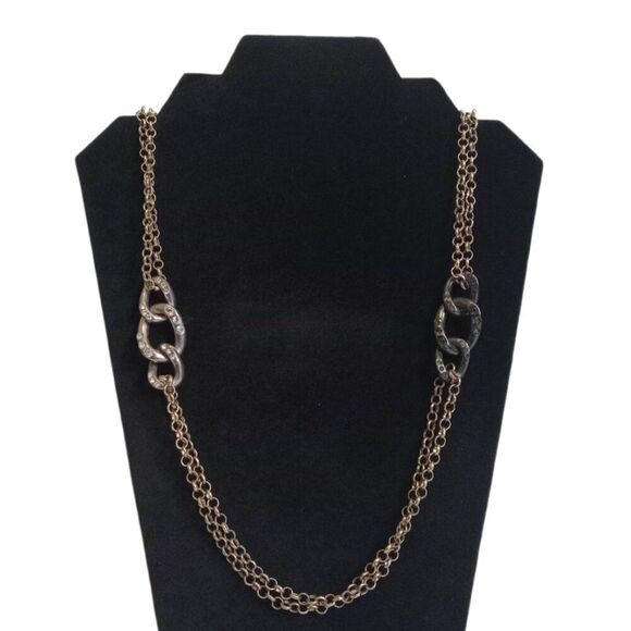 Silver and Gold Toned Rhinestone Encrusted Metal Curb Links Heavyweight Necklace - Picture 1 of 11